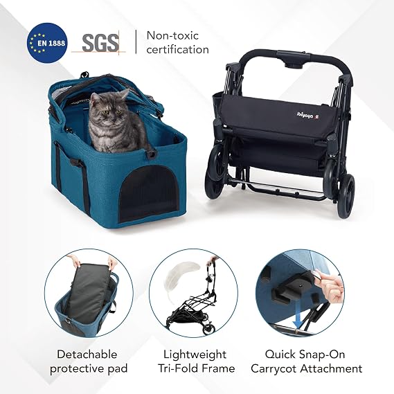 ibiyaya Essential Travois Tri-Fold Pet Travel System for Medium Dogs, Cats, and More, 3 in 1 Dog Stroller with Detachable Carrier, XL Cabin (Nautical Blue)