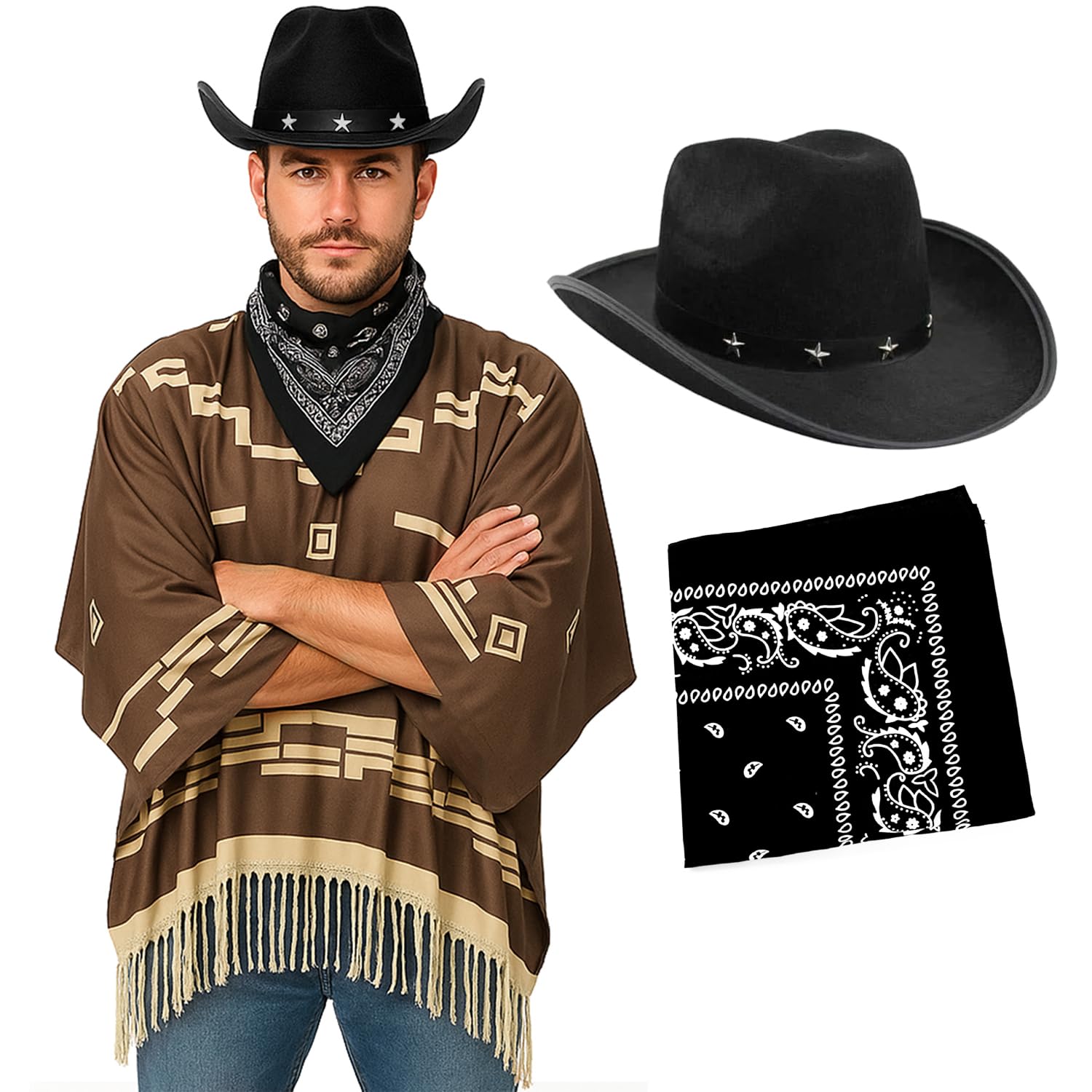 Adults Cowboy Costume - Dark Brown Poncho with Tassel Fringe, Black Star-Studded Cowboy Hat, Black Paisley Bandana - Mens Wild West Bandit Gunslinger Western Fancy Dress Costume