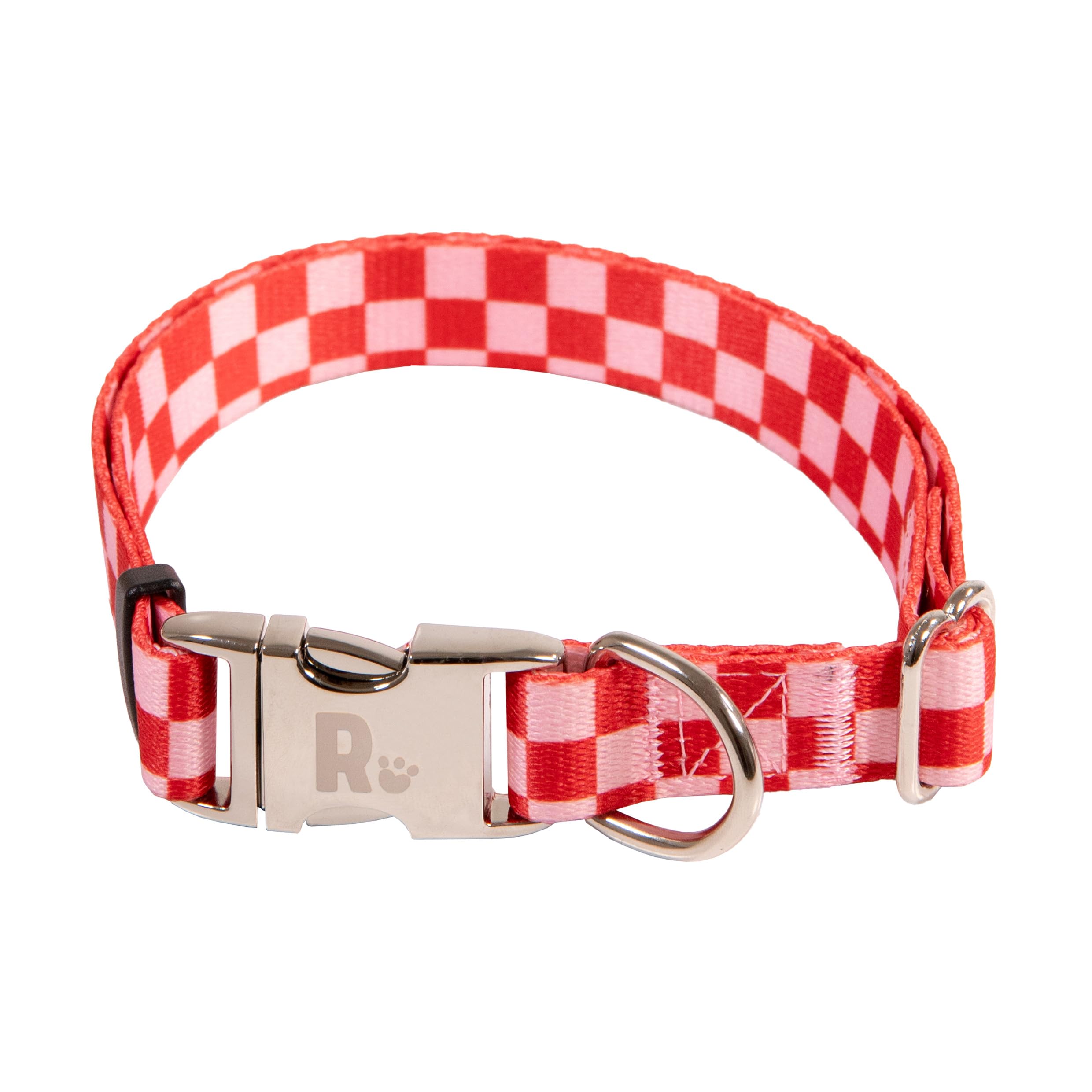 Rosewood Pink & Red Checkerboard Dog Collar – Adjustable Pet Collar for Small, Medium, Large Dogs – Stylish, Durable Collar with Metal Hardware – 10-14"
