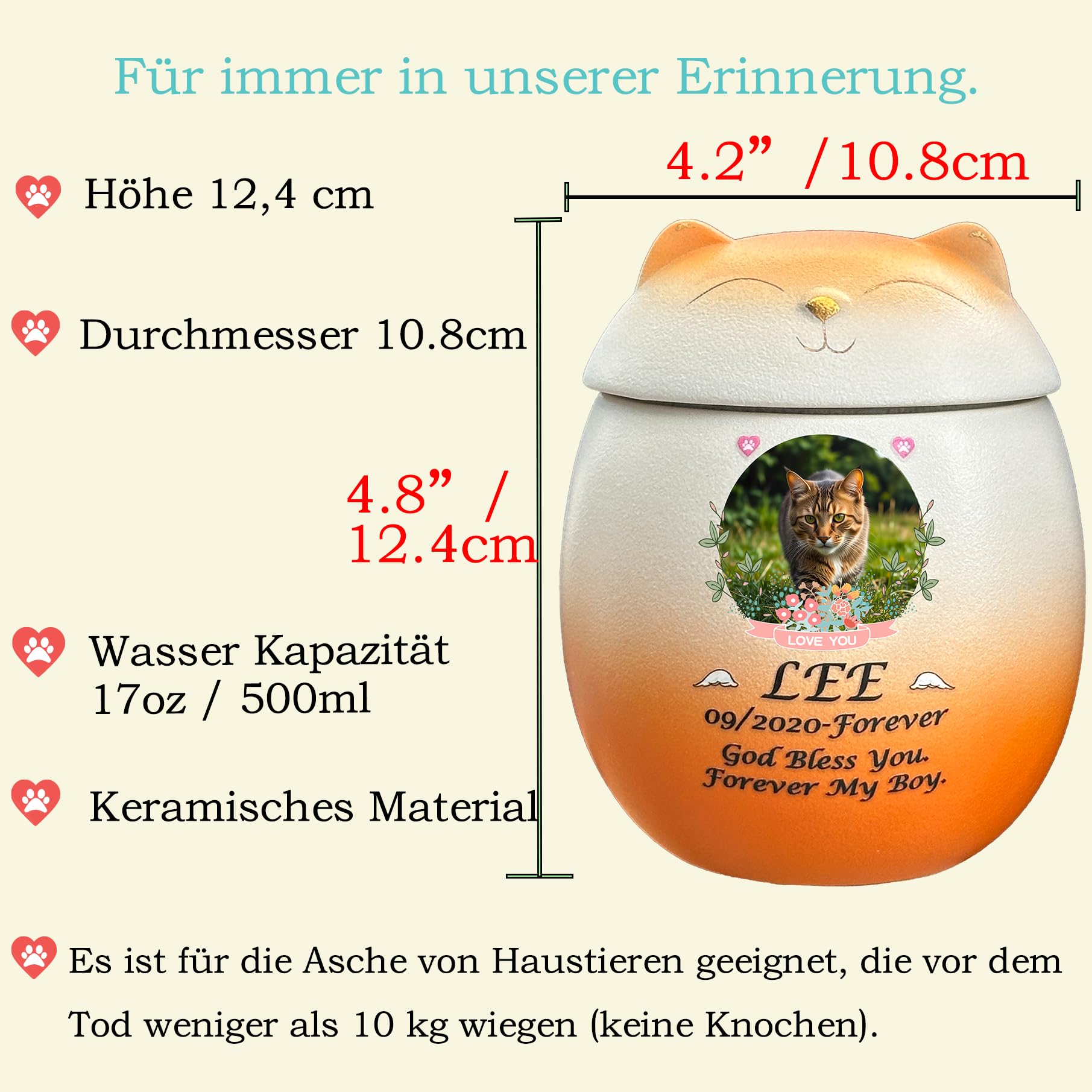 Handgemachte personalisierte Katze Urne für Asche, Haustier Einäscherung Urne (Orange)