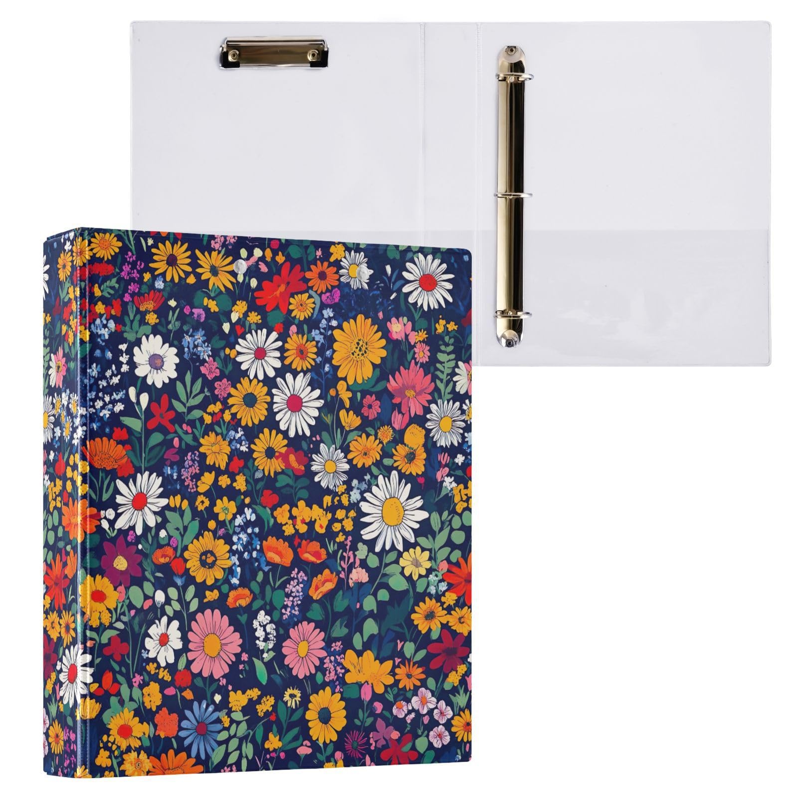 Confezione da 2 raccoglitori ad anelli a D, con tasche grandi, motivo floreale dai colori vivaci, per scuola, università, ufficio