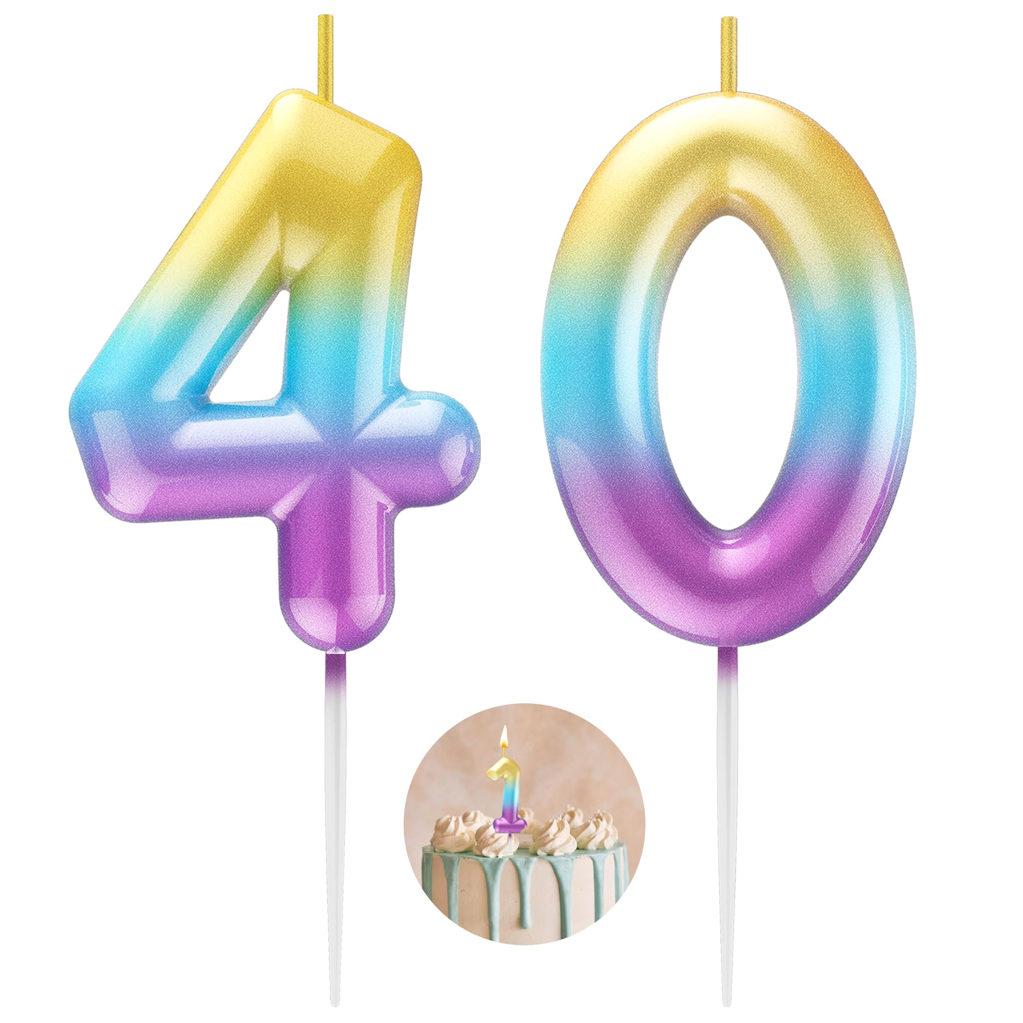 Rainbow Number 40 Candle Happy Birthday 3D Number Candles for Birthday Cake Party Decoration Wedding Anniversary Celebration Supplies
