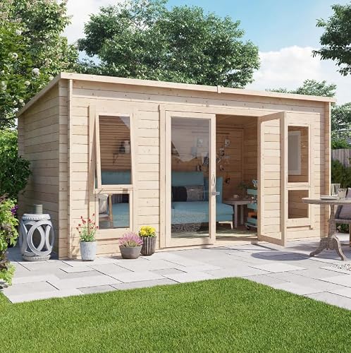 Image of BillyOh Carmen 4m x 2.5m Log Cabin Summer House Shed with 28mm Wall Logs Thickness, Modern Pent Roof, Double Doors & Shatterproof Windows – Garden Room, Gym, Outdoor Office, Studio, or Garden House