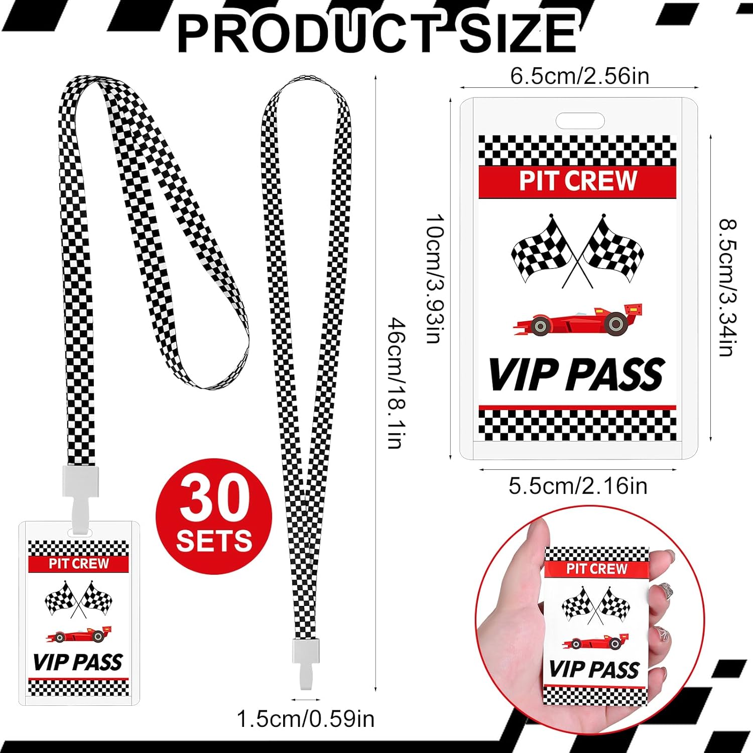 30 Sets Racing VIP Pass Cards with Checkered Lanyards Bulk PVC VIP Pass Cards Breakaway with White and Black Race Flag Lanyards for Event Gamer Race Car Theme Birthday Party Fast One Party Supplies