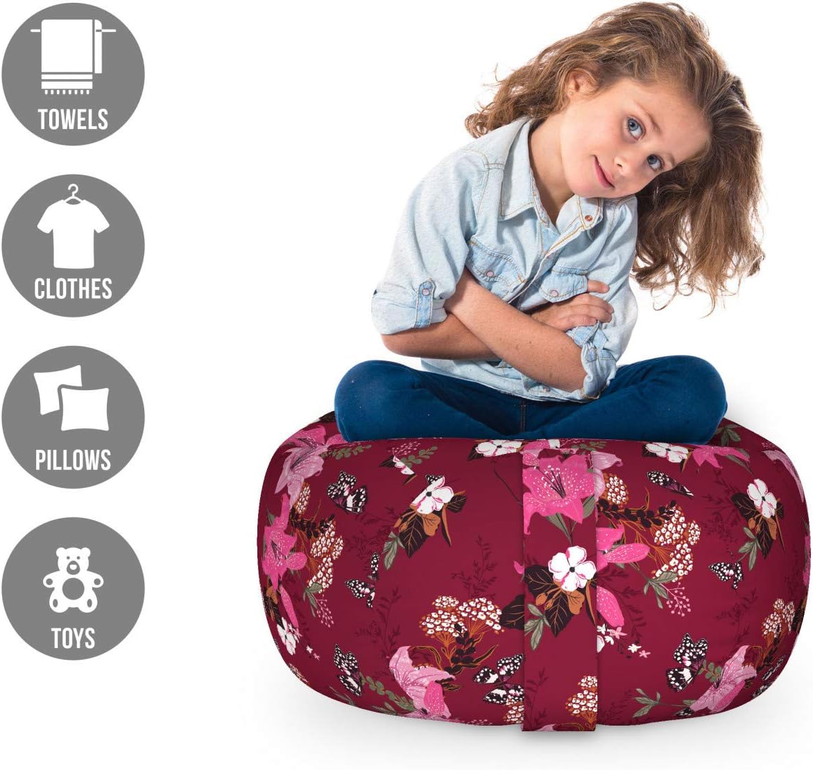 Ambesonne Floral Storage Toy Bag Chair, Romantic Design of Lilies Butterflies and Other Flowers Vintage Garden Art, Stuffed Animal Organizer Washable Bag, Small Size, Maroon Multicolor