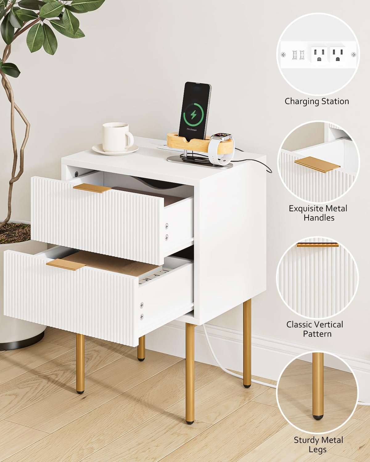Masupu Nightstand with Charging Station,Mid-Century Modern Bedside Table with 2 Storage Drawer,Small Gold Frame Side End Table for Bedroom,Living Room (White)