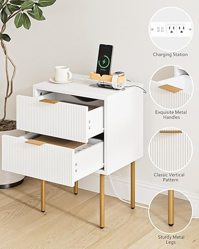 Miniatura 3 de Masupu Nightstand with Charging Station,Mid-Century Modern Bedside Table with 2 Storage Drawer,Small Gold Frame Side End Table for Bedroom,Living