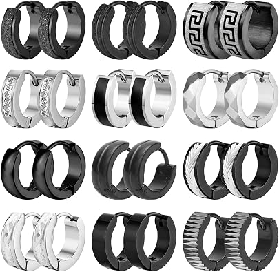 12 Pairs Stainless Steel Hoop Earrings for Men Hypoallergenic Earring Unisex Earring Black Silver Hoop Earrings for Women Men
