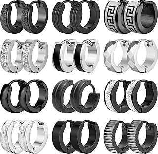 12 pares de aretes de aro de acero inoxidable para hombre, hipoalergénicos, unisex, aretes de aro negros y plateados para mujeres y hombres