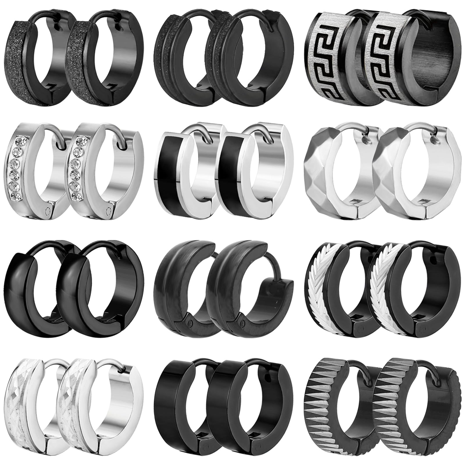 12 Pairs Stainless Steel Hoop Earrings for Men Hypoallergenic Earring Unisex Earring Black Silver Hoop Earrings for Women Men