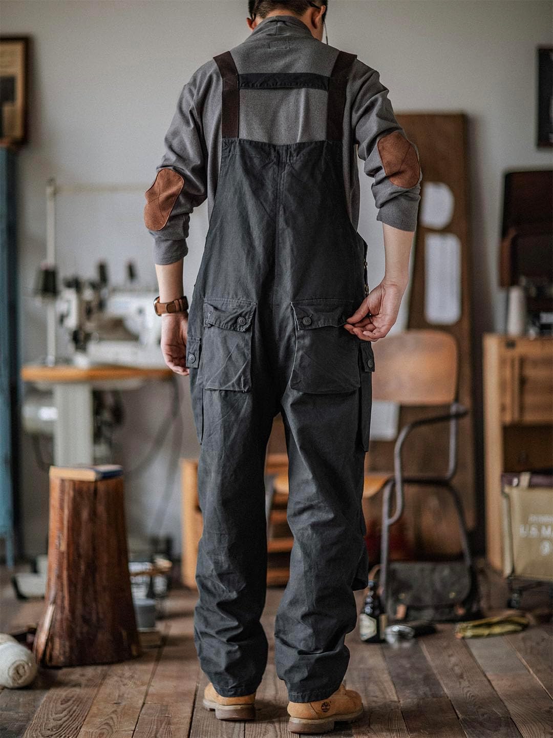 MADEPANTS Men's Canvas Overalls with Flap Pockets Button Front Dungarees Workwear