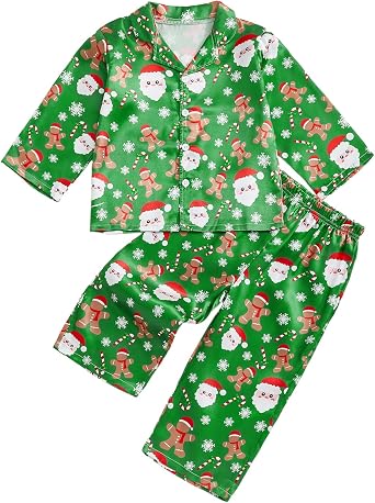 Kavousa Christmas Toddler Baby Girl Boy Silk Satin Pajamas Set Button Down Pjs Kids Long Sleeve Shirt Pants Pjs Sleepwear