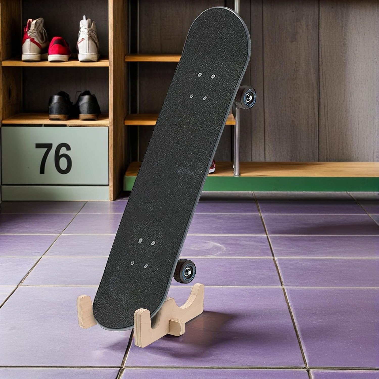 Wooden Balance Board Stand Freestanding Skateboard Snowboard Display Rack | Khaki Wood Finish, Easy Assembly and Quick Installation, Home or Studio Storage for Sports Enthusiasts
