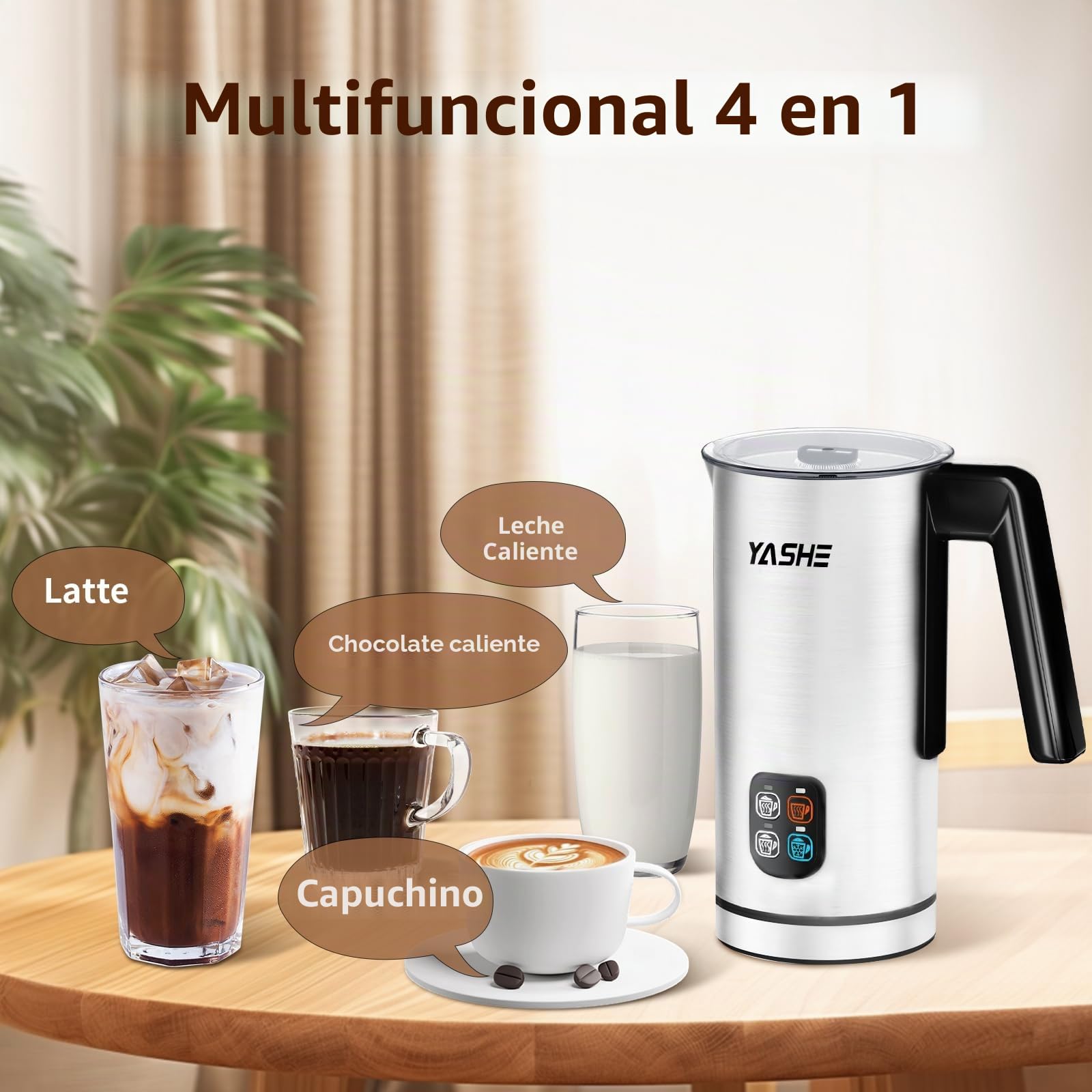 YASHE Espumador Leche, 4 en 1 Espumador Leche Electrico, 240 ml Calienta Leche, para Espuma Caliente/Fría, para Café, Capuchino, Latte, Macchiato, Silencioso, Revestimiento Antiadherente