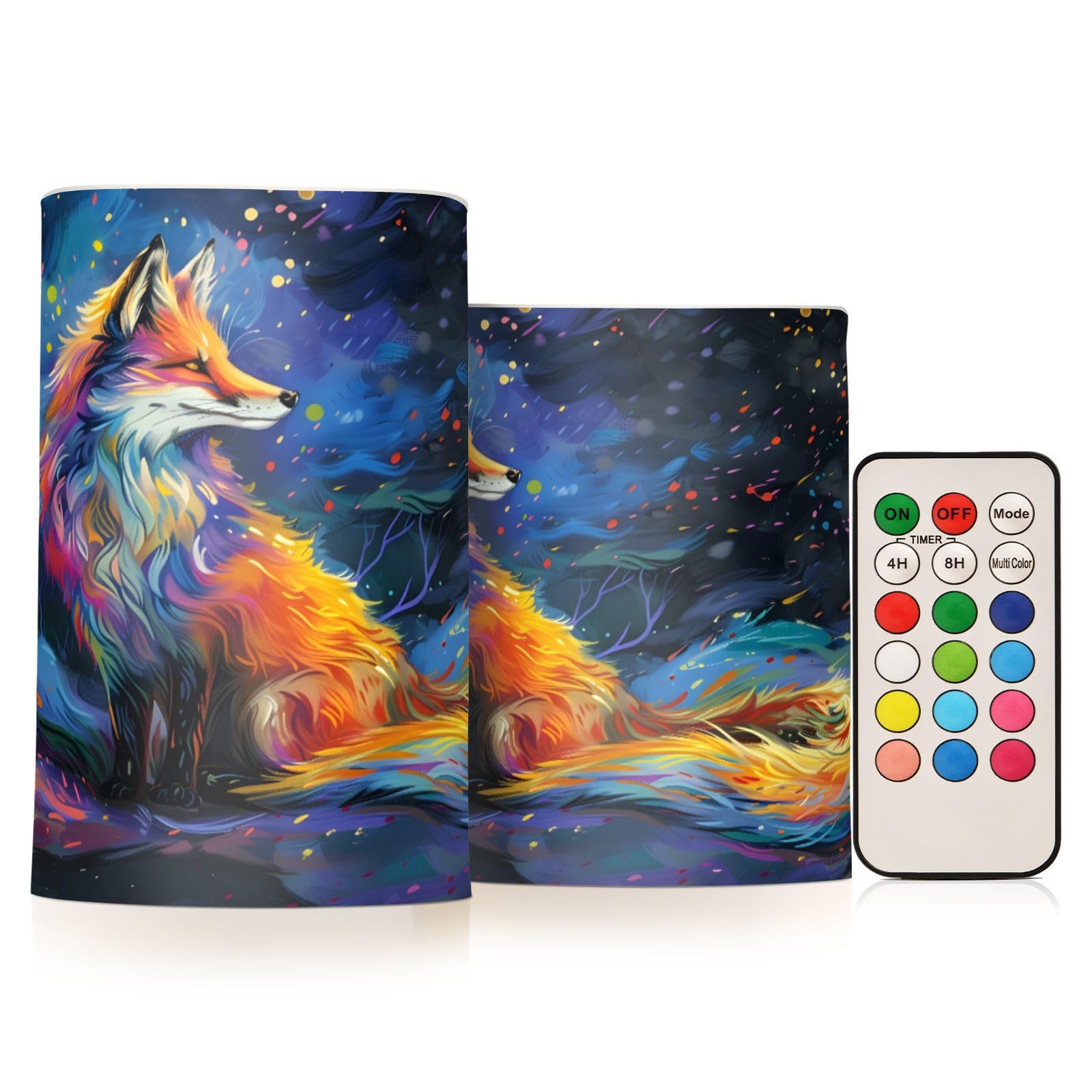 Mnsruu Flickering Flameless Candles Fox Galaxy Print LED Candles with Remote Timer Set of 2 Battery Operated Candle Home Decoration
