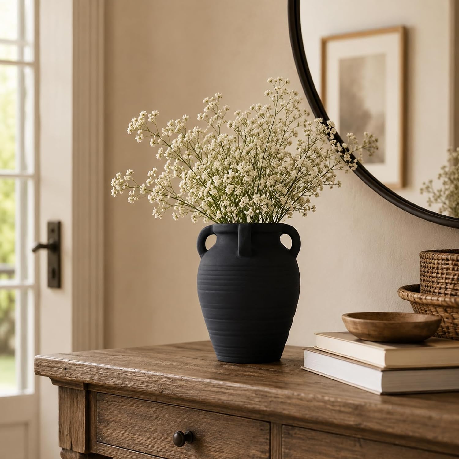 Handmade Black Terracotta Vase, 8.2" Tall with 4 Ears, Wide Mouth Ceramic Vases, Vintage Farmhouse Vase, Rustic Antique Matte Finish Decor Vases for Home, Living Room