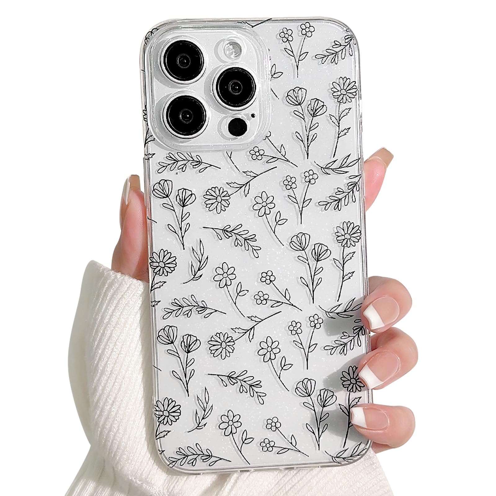 Lovmooful Compatible for iPhone 15 Pro Max Case Clear Cute Flower Floral with Slim Glitter Design for Girls Women Soft TPU Shockproof Protective Girly