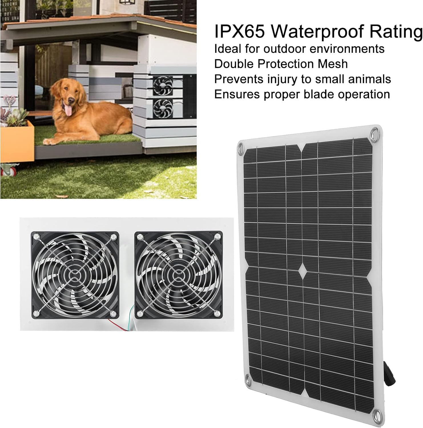 25W Solar Panel Fan Kit, IPX65 Low Noise Efficient Solar Powered Dual Fan for Chicken Coop Kennel Barn