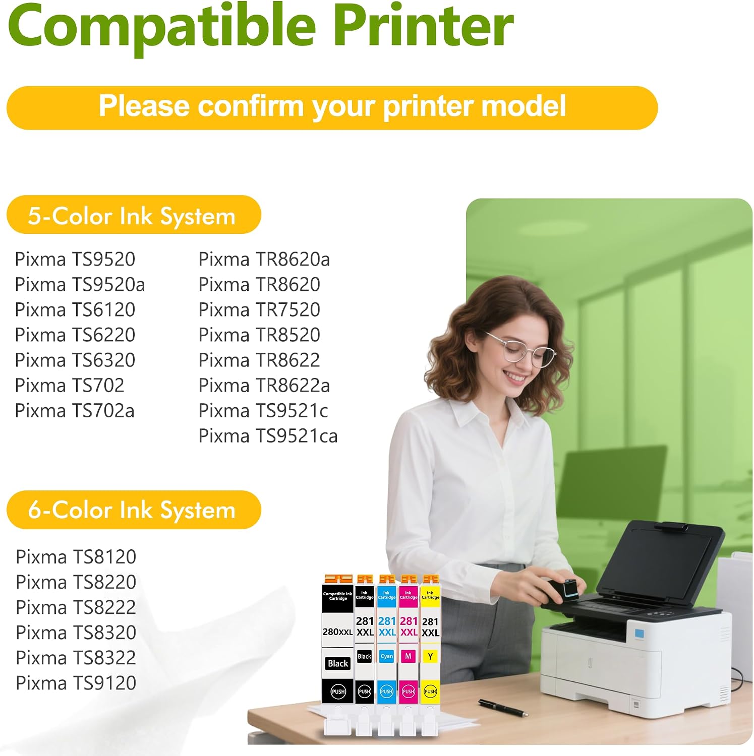 280XXL 281XXL TR8620a Ink Cartridges Compatible for Canon 280 281 Ink Cartridges 280/281 PGI-280XXL CLI-281XXL Pixma TR8620a TR8620 TR8520 TR8600 TR8622a TS6320 TS702a TS9520 TS9520a TS9521Ca (5 Pack)