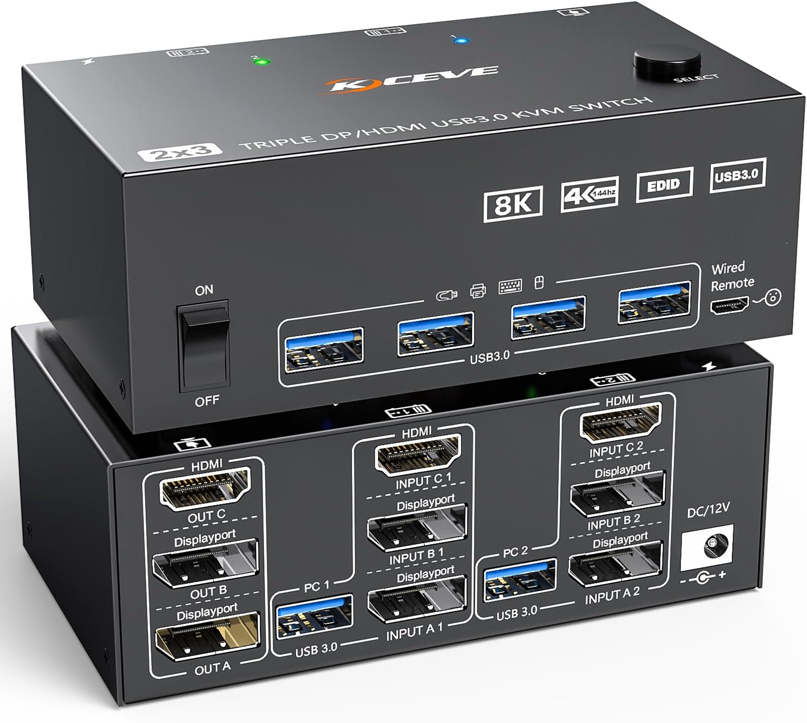 4K@144Hz KVM Switch 3 Monitors 2 Computers, HDMI+2 Displayport KVM Switch Triple Monitor for 2 Computer Share 3 Monitor and 4 USB3.0 Port, Supports Expanded and Duplicated Mode, With Wired Remote