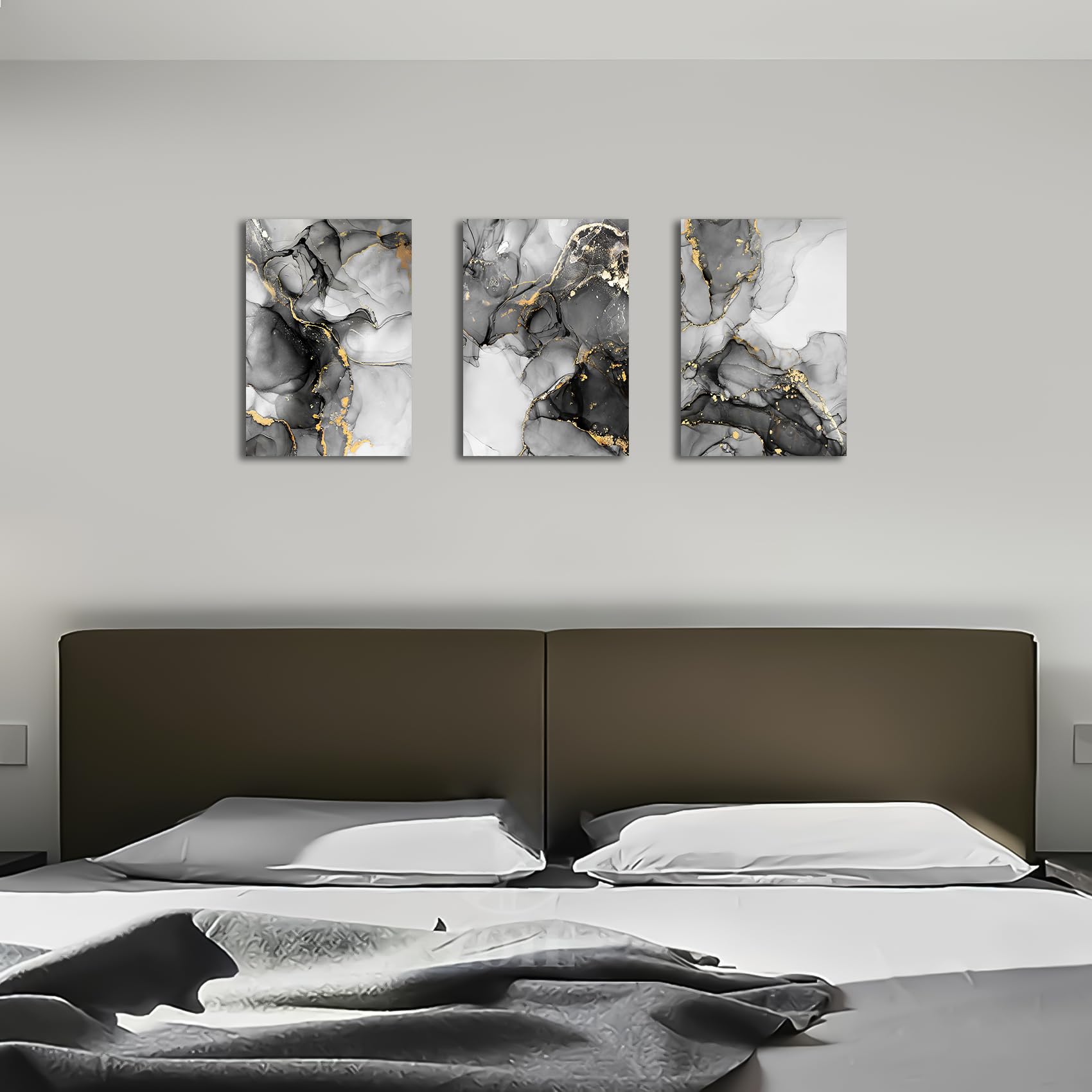 FajerminArt 3 Panels Framed Canvas Wall Art Marble Gray Gold White Pictures Printing Painting Poster Canvas Prints Wall Decor for Bedroom Living Room Bathroom Office Ready to Hang 30x40cmx3Pcs - Image 4