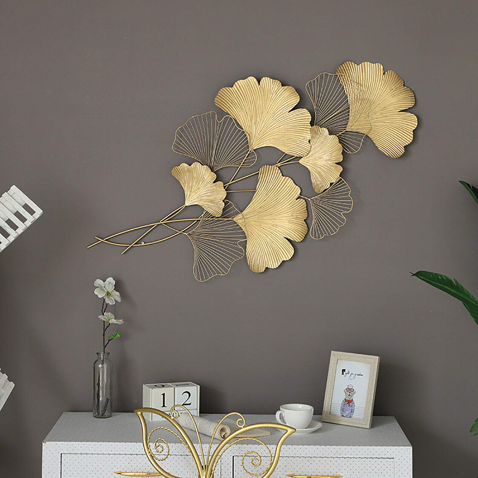 Ginkgo 3D en métal - Décoration murale - Fond de salon - Doré - 110 x 55 cm