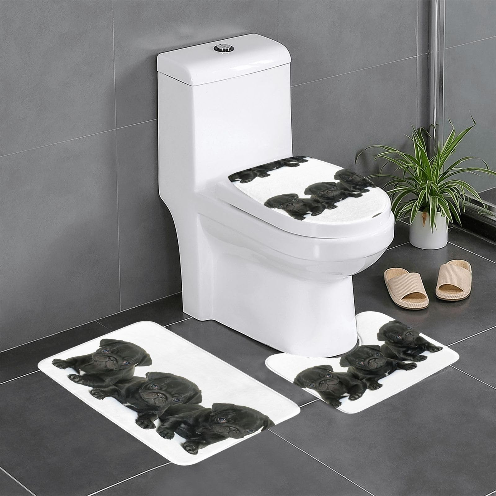 Alfombras de baño con carlino negro juego de 3 piezas de felpa de 24 x 16 pulgadas