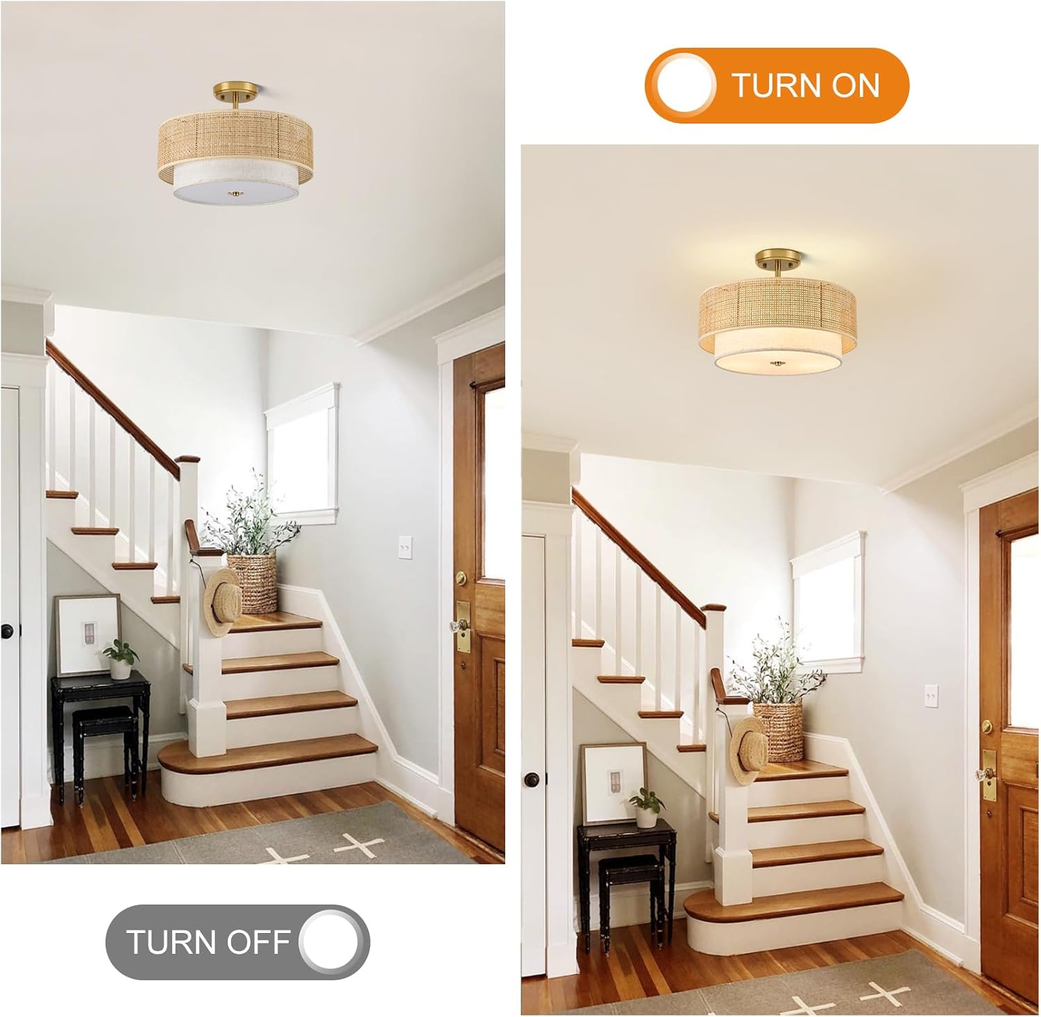 Semi Flush Mount Ceiling Light, 16" Gold Light Fixtures Ceiling Mount, 3-Light Boho Rattan Linen Drum Light Fixture, Modern Farmhouse Chandelier for Bedroom Entryway Living Room Hallway Foyer