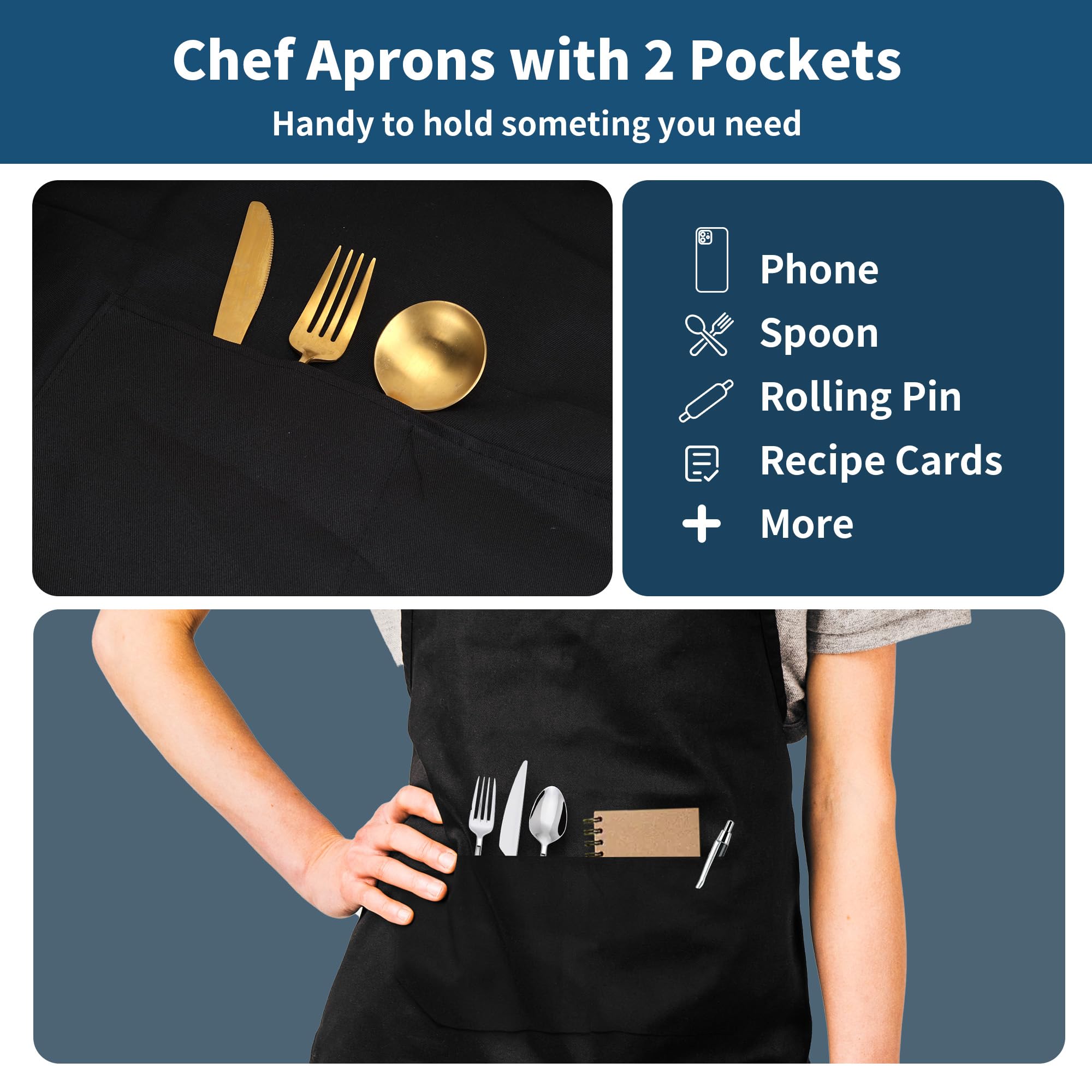Lot de 12 tabliers de cuisine longs imperméables et réglables avec 2 poches pour chef, pour cuisine, restaurant, maison, barbecue - Noir