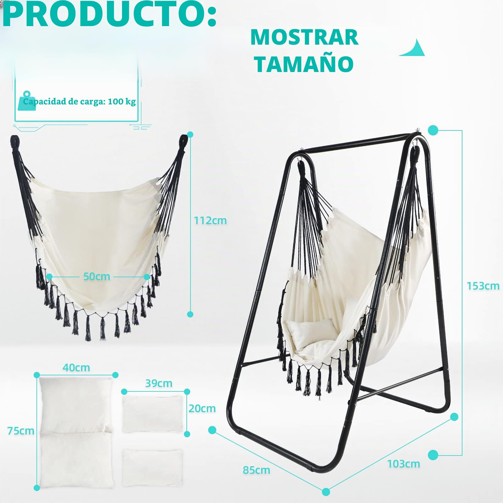 CCLIFE Silla Hamaca Colgante con Soporte, Columpio con Conjines, Carga Máxima 100 kg, para Interior y Exterior Beige