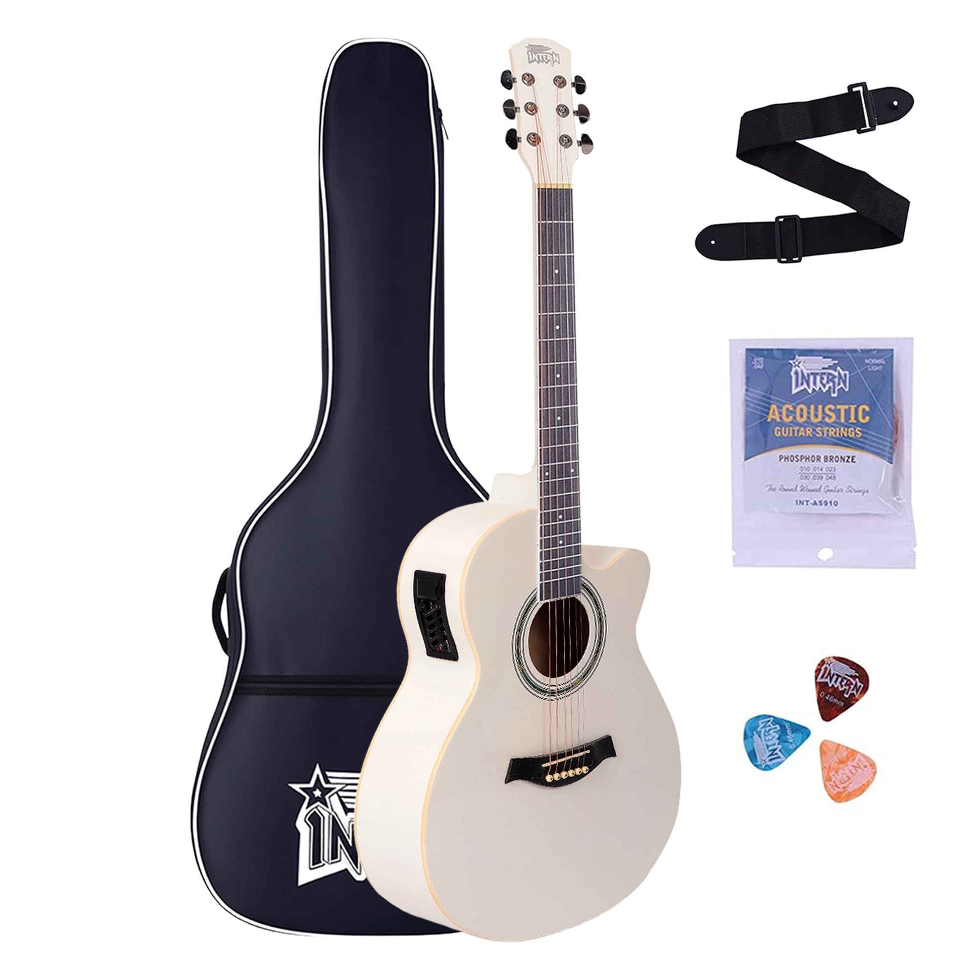 Intern 40 Inches Equalizer Semi Acoustic Guitar for professional – with Signature Guitar Feel, Westwood Guitar Style Set of Pick-up & truss rod, carry bag, strings pack, strap & picks. (White)-image-2