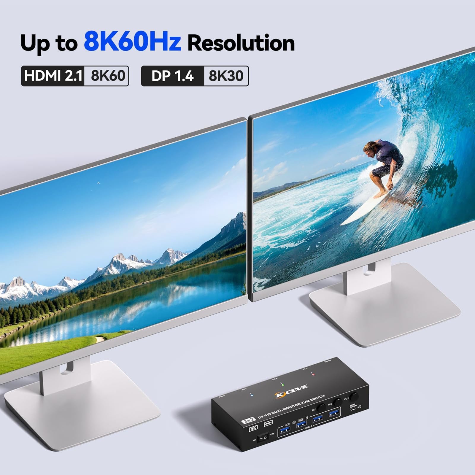 Przełącznik KVM HDMI Dispalyport, rozszerzenie replikacji HDMI+DP, 8K przy 60 Hz/4K 144 Hz, podwójny przełącznik USB 3.0 KVM na 3 PC, udostępnianie 4 portów USB 3.0 i 2 ekrany