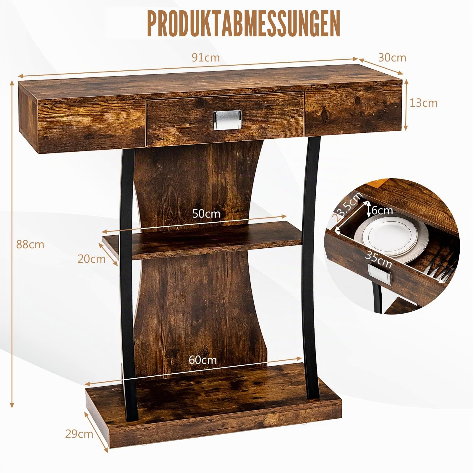 LIFEZEAL Konsolentisch Schmal, Flurtisch mit 3 Ebenen, Beistelltisch Holz mit Schublade, Sideboard Console Table für Eingang, Flur, Wohnzimmer, Rustikales Braun (Braun)