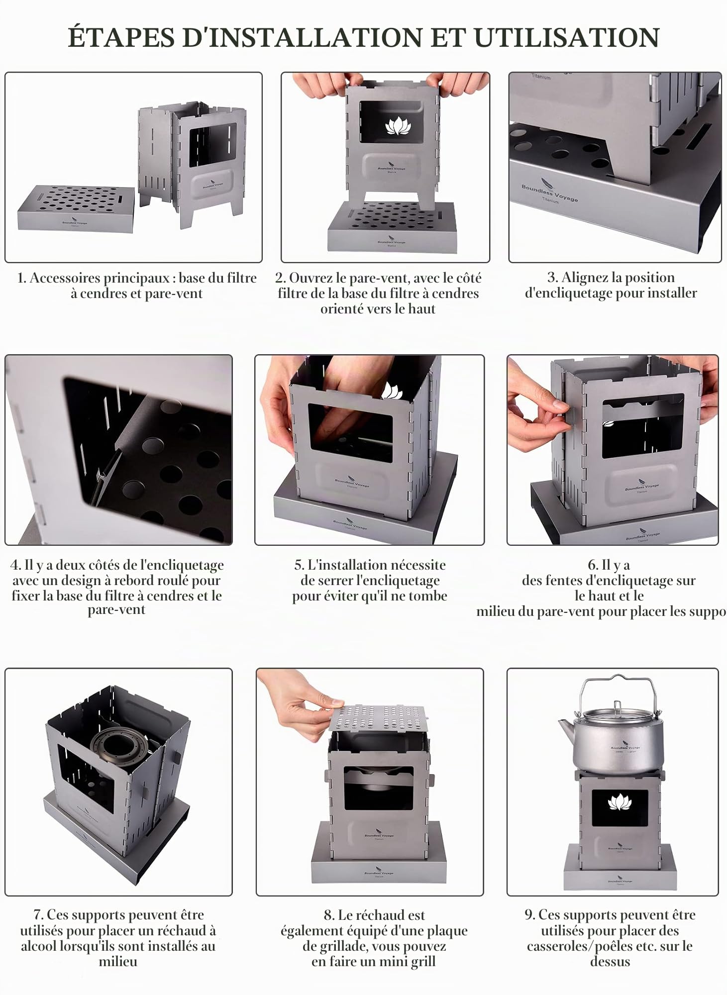 iBasingo Réchaud à bois en titane avec support de casserole, brûleur à charbon de bois, chauffage à alcool portable type carte de randonnée intégré four multifcombustible léger grill batterie de