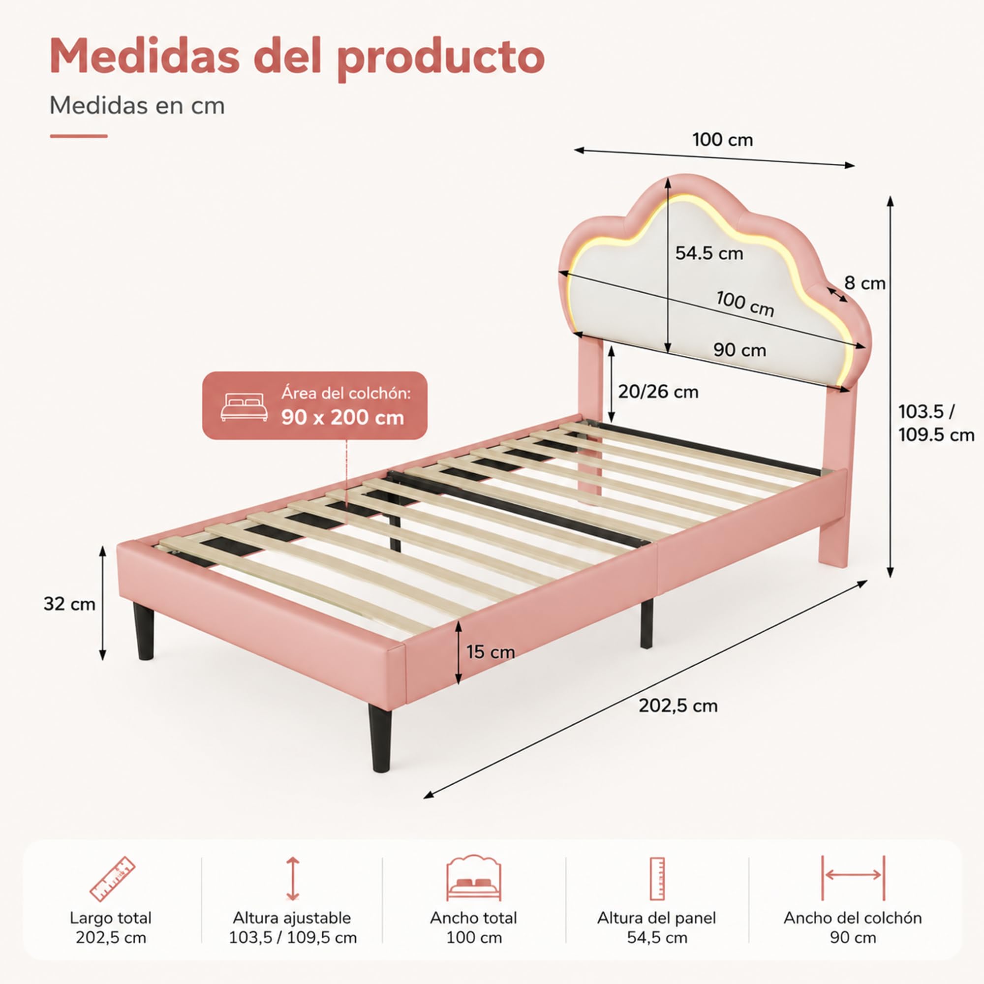 Cama infantil niña 90 x 200 cm, cama infantil nube con LED, cabecera ajustable en altura en forma de nubes, somier de láminas, camas acolchadas para 1 persona para niña adolescente, PU, rosa+blanco