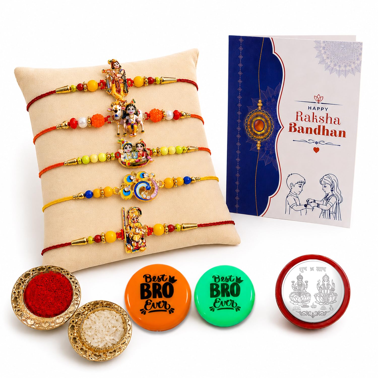 Oblivion Rakhi Set for Brother (Set of 5) – Elegant Designer Colorful Rakhi Combo with Silver Color Pooja Coin, Roli Chawal, Multicolour Magnets & Greeting Card – Raksha Bandhan Gift Hamper for Bhai
