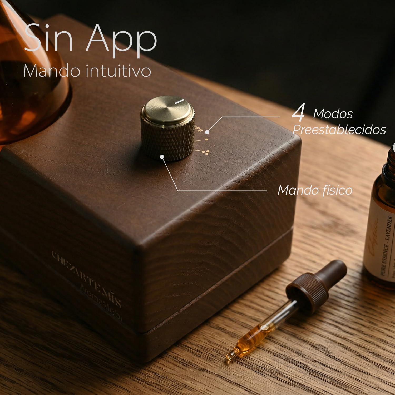 Amber Aromaterapia Difusor Aceites Esenciales Sin Agua Nebulizador Vidrio Ámbar Madera Nogal Recargable Inalámbrico Hogar Temporizador LED