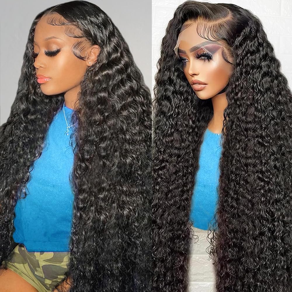 RXY Deep Wave Human Hair Wig 13x4 Lace Front Wigs Human Hair Natural Color 100% Real Hair Wigs for Women 180% Density Pre Plucked with Baby Hair Natural Hairline 16Inch
