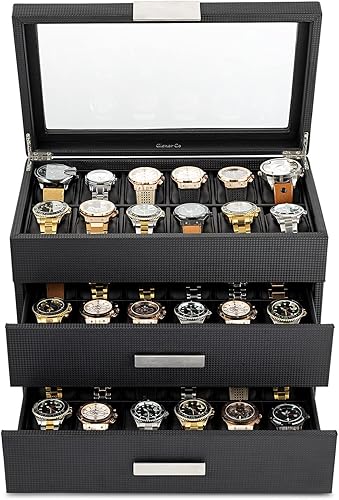 Miniatura 10 de Caja para relojes para hombre - caja de exhibición de fibra de carbono de lujo con 12 ranuras caja grande hebilla de metal - negro