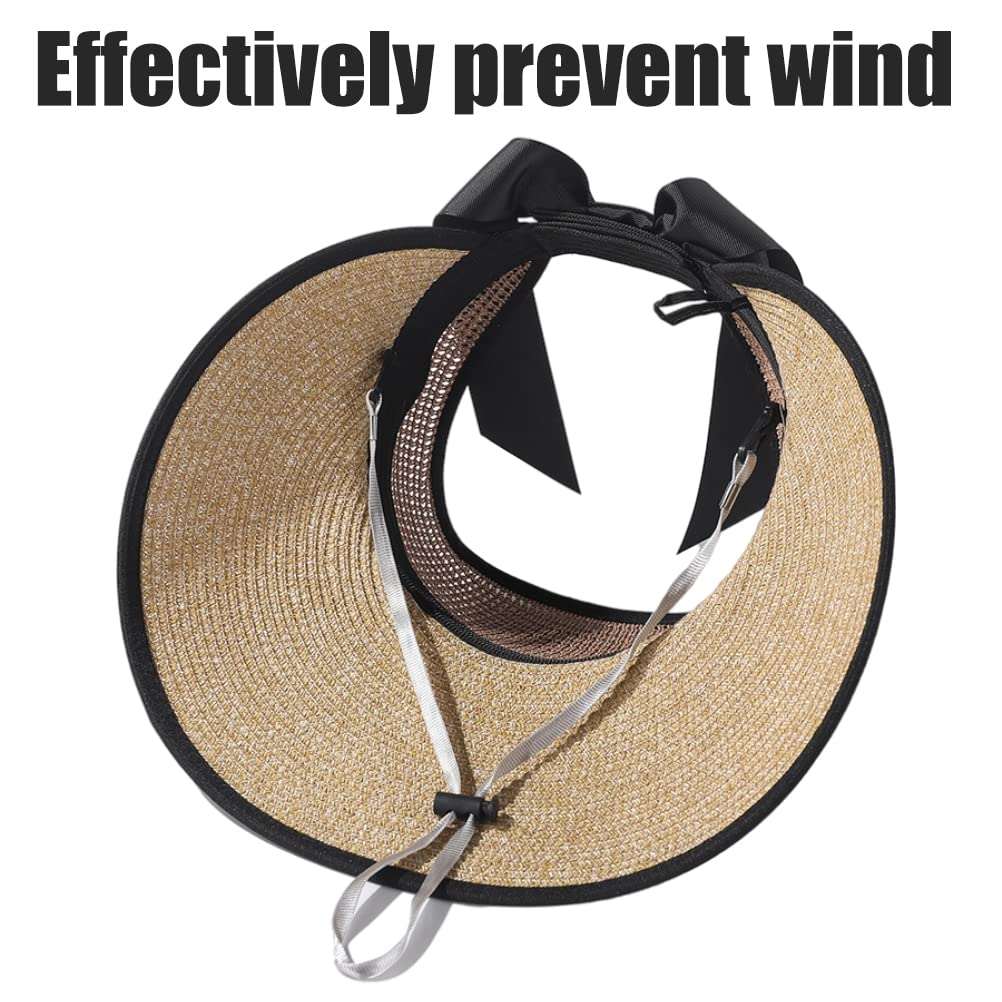 Sombrero de visera solar, visera plegable de paja para mujer, protección solar, ala ancha, lazo vacío, transpirable, sombrero de playa de verano, paja de ala ancha para mujer