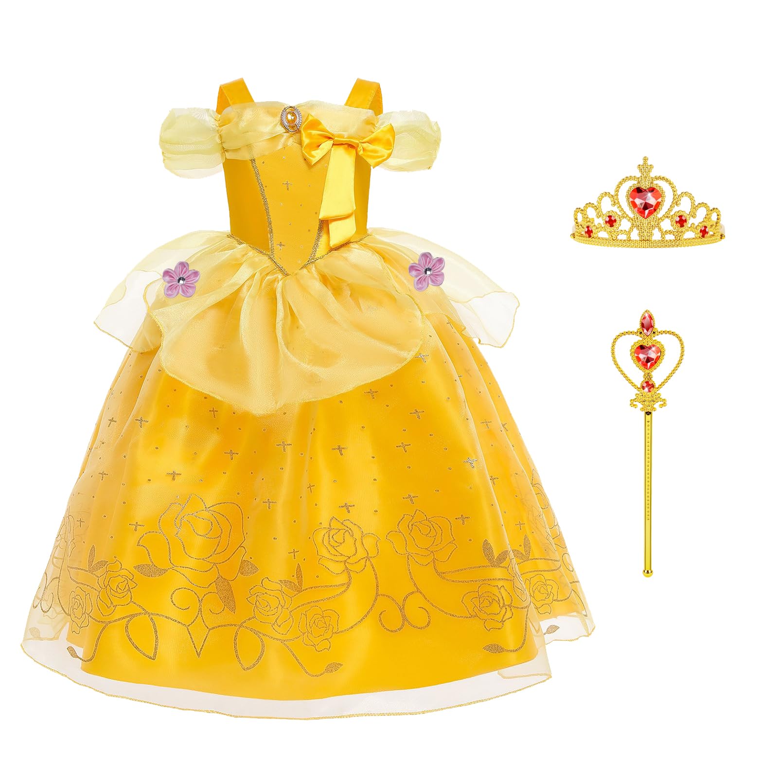 Belle Costume, Ragazze La Bella e La Bestia Costumi, Principessa Belle Vestito con Corona e Bacchetta, Bambina Bella Set per Cosplay Natale Festa Halloween, 120