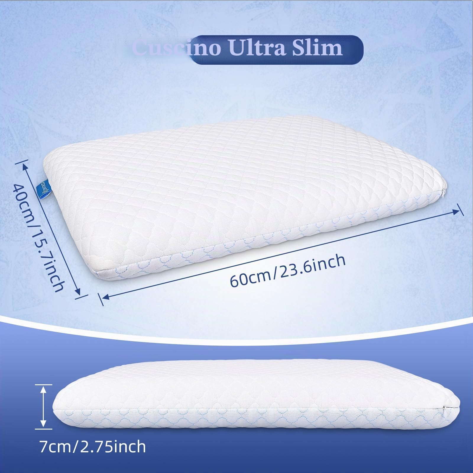 Cuscini piatti sottili per dormire, cuscino rinfrescante in memory foam infuso di gel, altezza 7 cm, cuscino ultra sottile, cuscino sottile per dormire sulla schiena dello stomaco, dimensioni standard