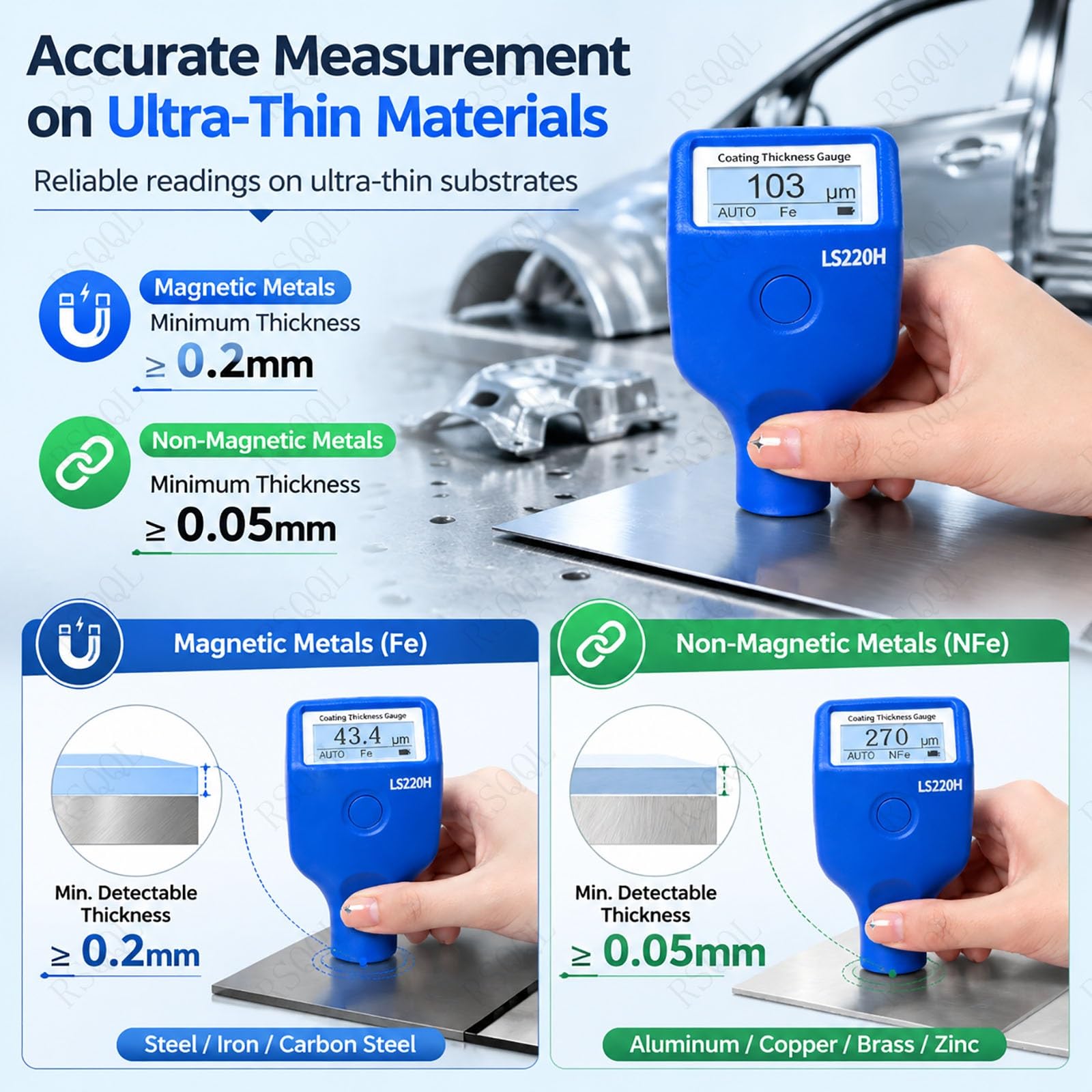 Dispositivo de medición de espesor de recubrimiento digital | Pantalla LCD, No requiere calibración, 3 modos, Tiempo de respuesta 0,3 s