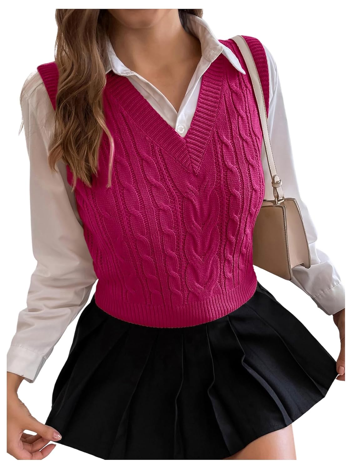 Milumia Womens Cable Knit V Neck Sweater Vest Sleeveless Ribbed Crop Tank Top
