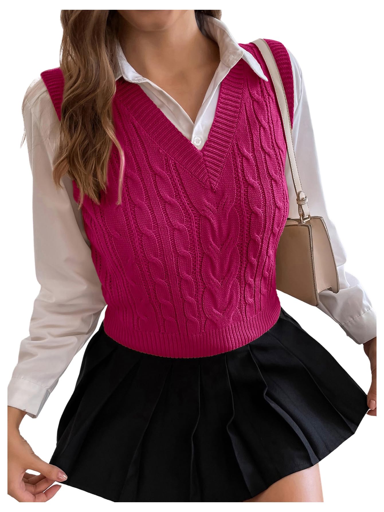 Milumia Womens Cable Knit V Neck Sweater Vest Sleeveless Ribbed Crop Tank Top
