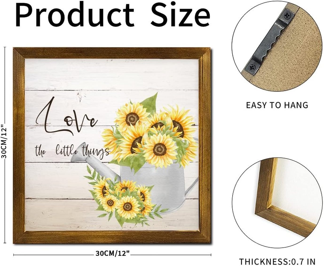 Love The Little Things Framed Wood Sign Spring Sunflower Flower in Vase Hanging Sign Classic Nature Plants Home Family Wall Decoration for Home Family Living Room Bedroom 12x12 inch