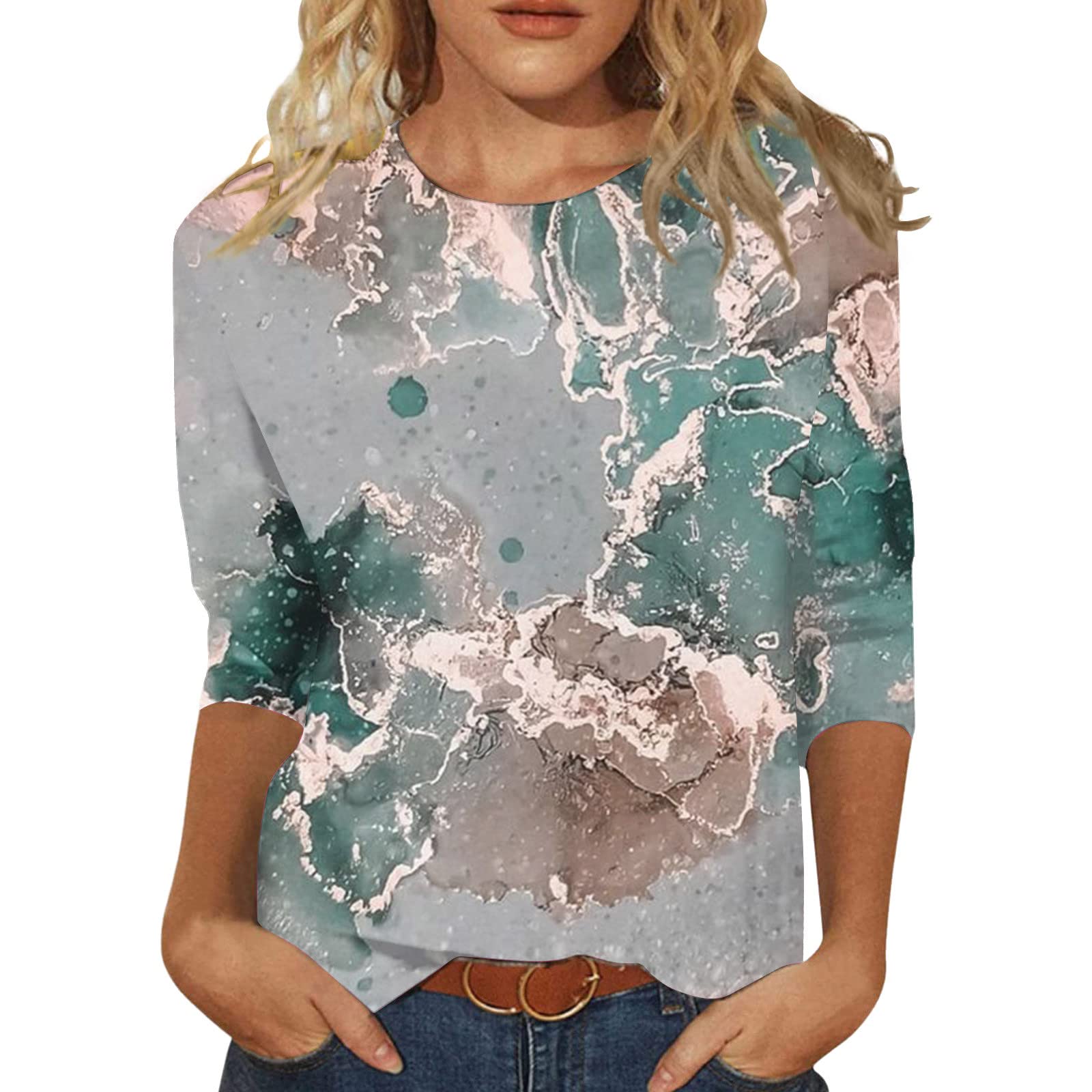 Kanpola T-shirt damski, biały, z krótkim rękawem, nadruk 3D, rękawy 3/4, okrągły dekolt, tunika, na lato, elegancka koszulka letnia, szary, S