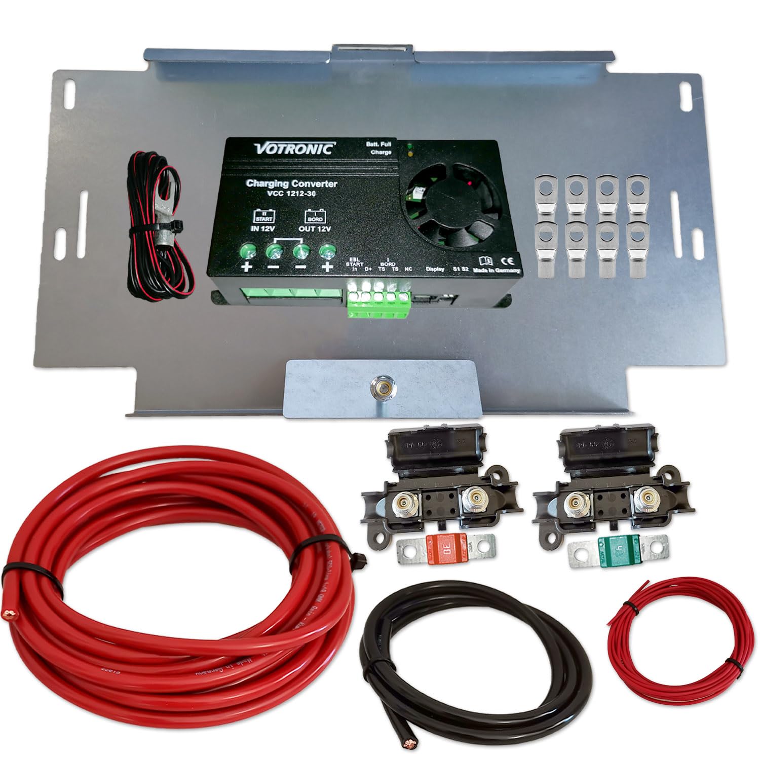 Zweitbatterieset | Votronic VCC 1212-30 Ladebooster | 12V 30A | 6m 10mm² Kabel | Batteriehalter VW T4 T5 T6 Universal
