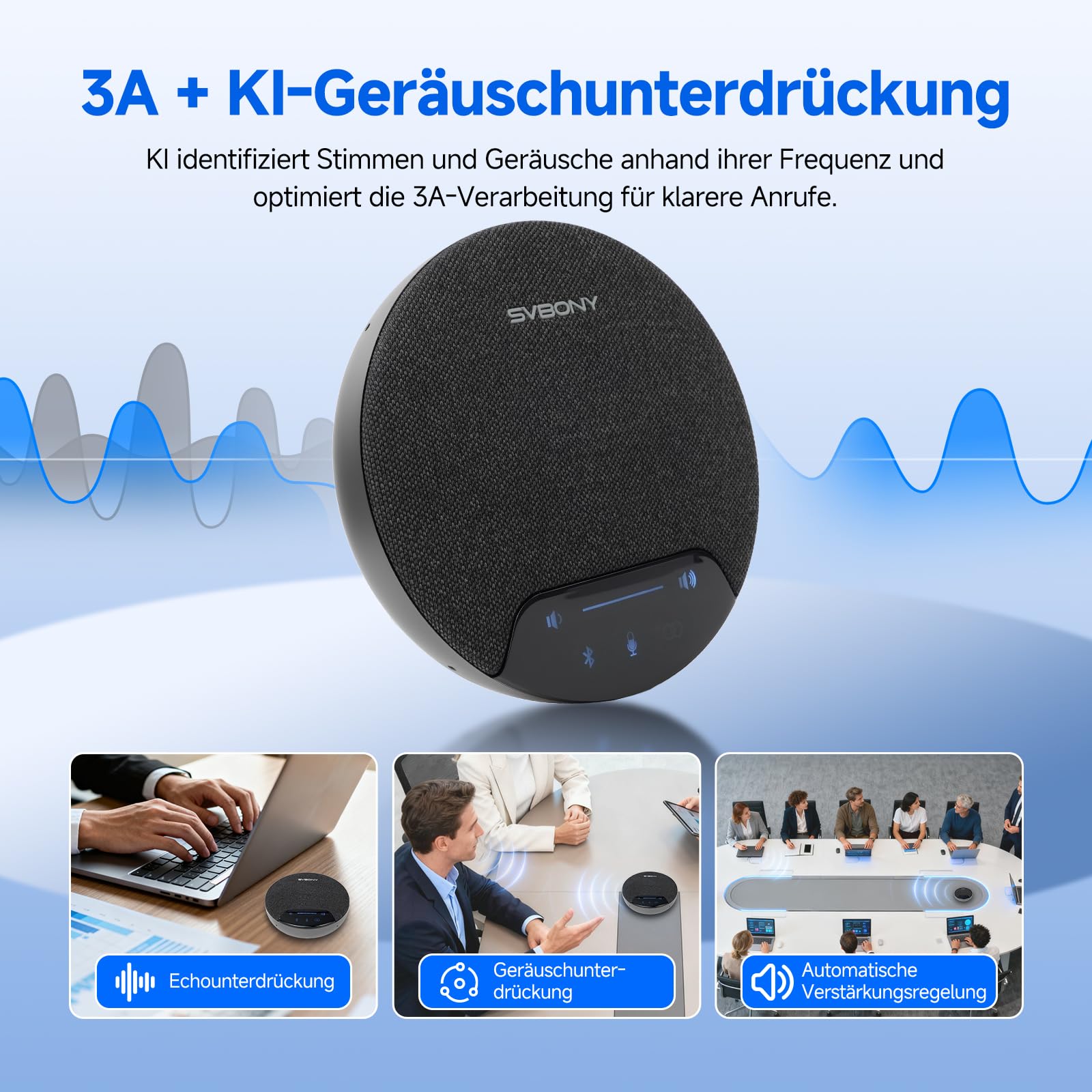 SVBONY SVN O1 Konferenzlautsprecher mit Mikrofon (2 Pack), 3A+KI-Geräuschunterdrückung, Drahtlose Erweiterungstechnologie, 10m Entfernung, 3 Plug-&-Play-Anschlüsse für Mega-Konferenz(10-20 Personen)