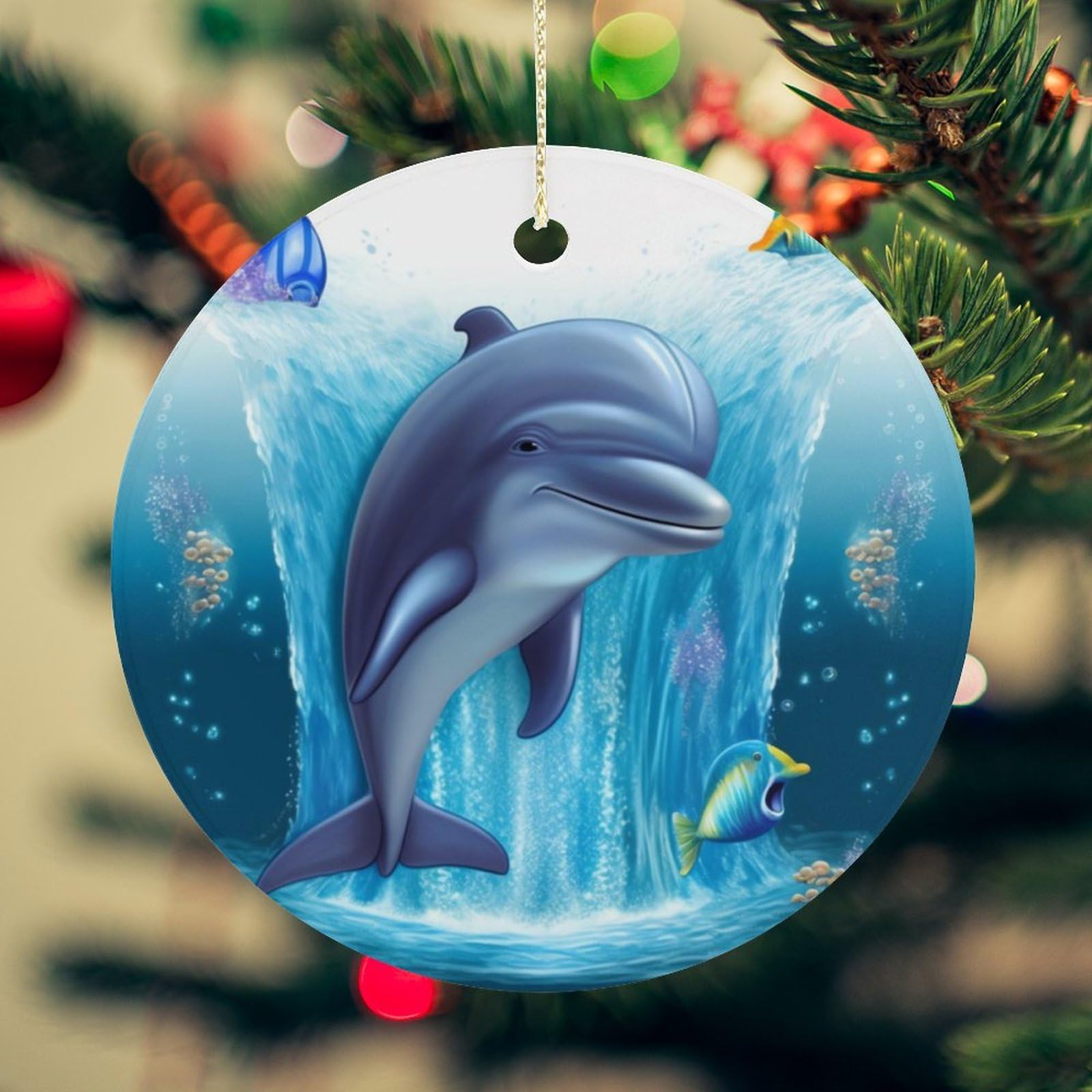 Dolphin Christmas Ornament for Christmas Tree Ceramic Round Ornament Winter Holiday Keepsake Gift 2.7" Christmas Tree Hanging Decorations Circle Ceramic Pendant Xmas Gift